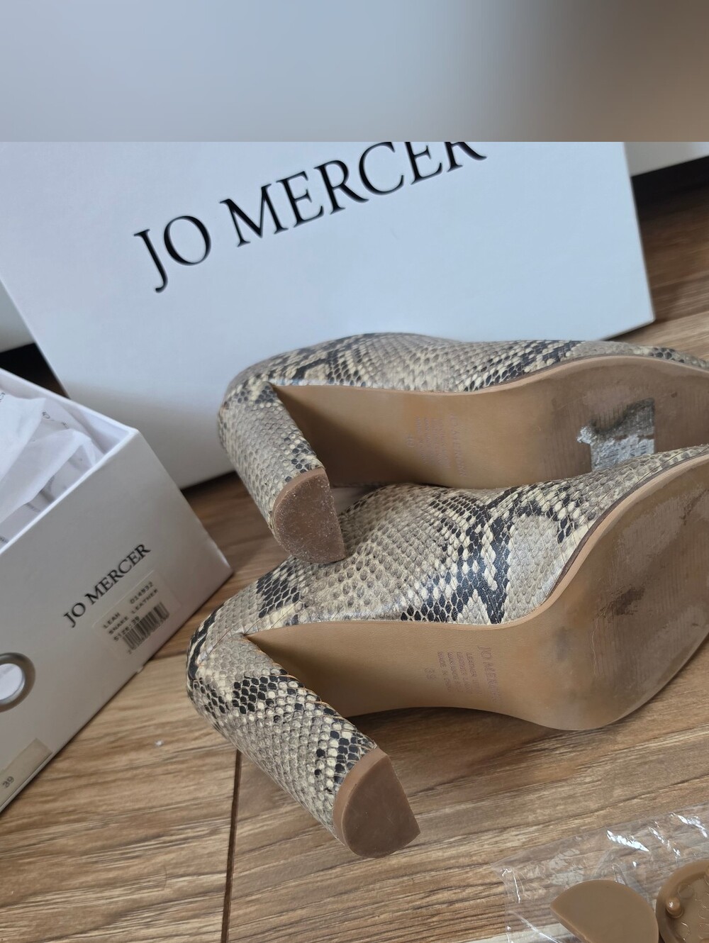 JO MERCER Leather Mule Heels, Snake Animal Print LEAH Shoes Tan Brown - Picture 6 of 11